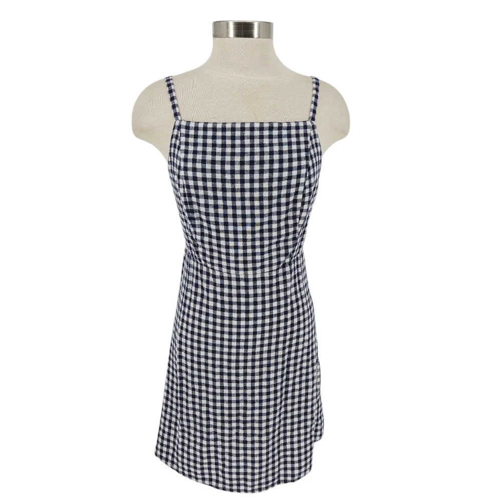 Old Navy Fit Flare Dress Linen Blue Gingham Sleeveless Smocked Sundress Petite